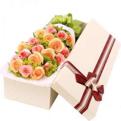 10朵粉玫瑰+9朵香槟玫瑰花束礼盒 同城鲜花配送