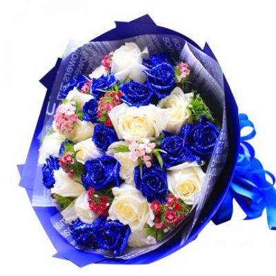 16朵蓝色妖姬+17朵白玫瑰花束 同城鲜花配送