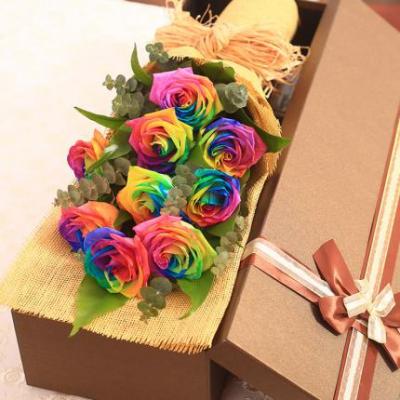 9朵七彩玫瑰花束礼盒 同城鲜花配送