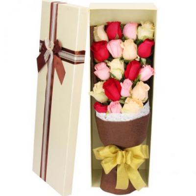 19朵红粉香槟玫瑰混搭花束礼盒 同城鲜花配送