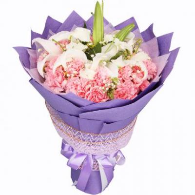 19朵粉色康乃馨+2朵白百合花束 同城鲜花配送
