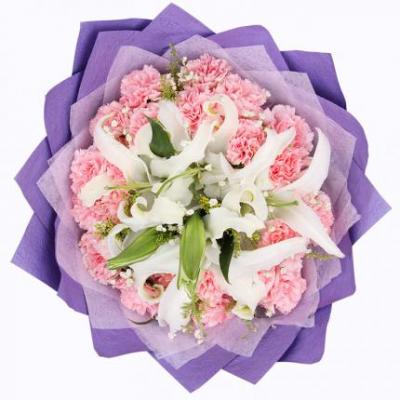 19朵粉色康乃馨+2朵白百合花束 同城鲜花配送