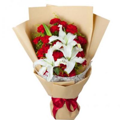 19朵红康乃馨+2朵白百合花束 同城鲜花配送