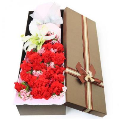 19朵红康乃馨+1朵白百合花束礼盒 同城鲜花配送