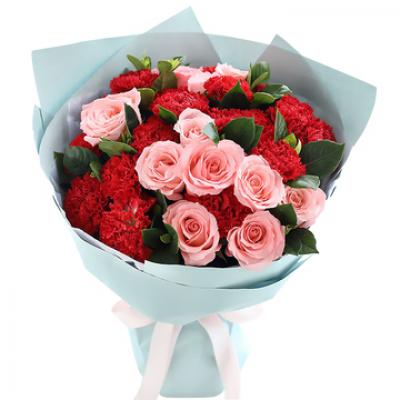 七夕情人节鲜花:幸福典藏 19枝红色康乃馨+11枝戴安娜粉玫瑰花束
